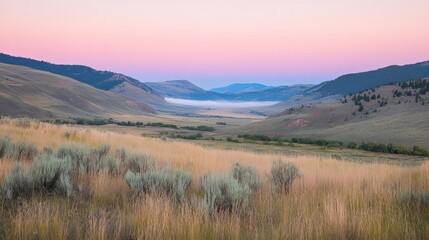 Obraz premium Serene sunrise over a valley with rolling hills and grasslands.