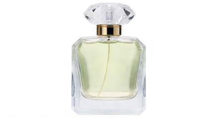 A luxurious transparent perfume bottle with a modern design, featuring subtle reflections, placed on a transparent background.