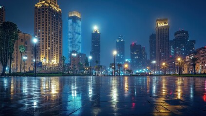 Fototapeta premium Night cityscape with rain reflecting on city streets, modern skyscrapers and streetlights.