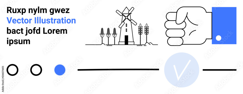 Aufkleber hand with thumb up beside windmill and wheat fields image, dot selection interface elements in black