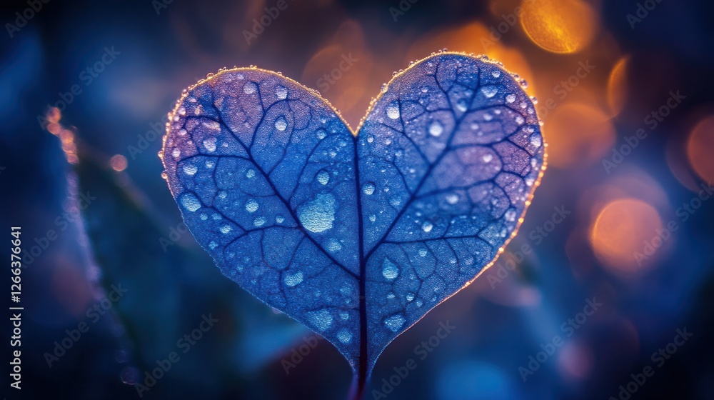 Poster close-up of a heart-shaped leaf covered in dew drops, illuminated by soft bokeh lights in the backgr