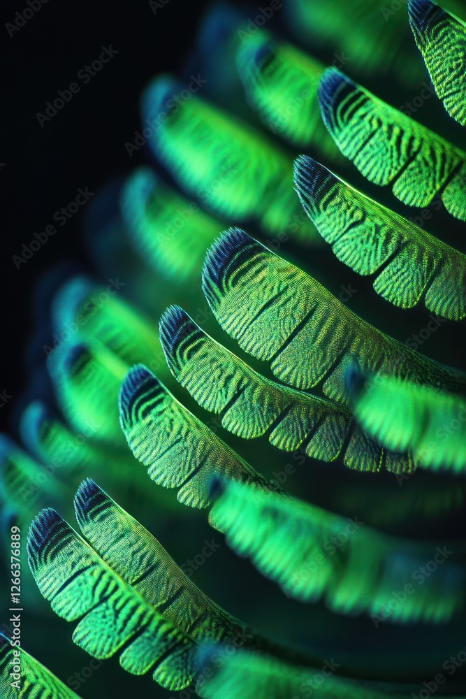 Poster close-up of vibrant green feathers with intricate details, showcasing texture and pattern.