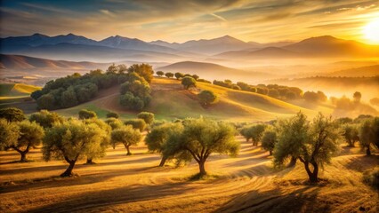 Naklejka premium Golden Hour Serenity Rolling Hills, Olive Groves, and a Majestic Mountain Range at Sunrise
