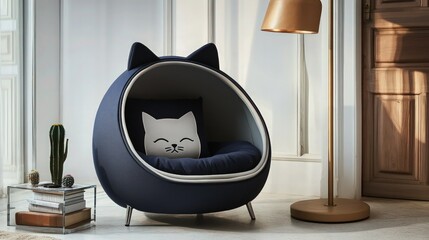In a cozy, contemporary lounge, a cat-inspired chair with a matte navy blue pod structure and light gray ears adds a quirky yet stylish element to the space. 