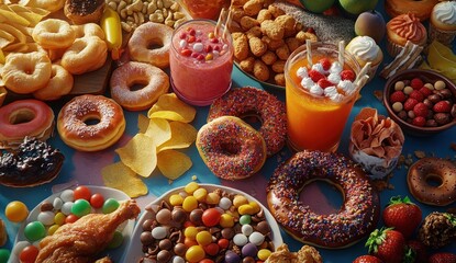 A vibrant overhead shot showcasing a diverse array of sugary treats, fried foods, and fruity drinks.