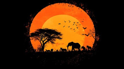 Naklejka premium African Wildlife Silhouette with Sunset Background Featuring Elephant and Zebra