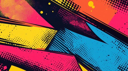 Abstract vibrant geometric pattern with bold colors and halftone texture. Ideal for energetic designs, adding a pop of color and visual interest to presentations, websites, or social media.
