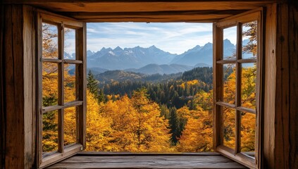 Autumnal mountain view seen through rustic wooden window. (1)
