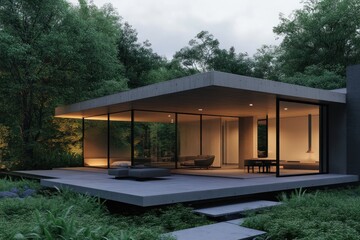 Modern glass house nestled in lush forest, featuring minimalist design, concrete structure, and expansive windows offering serene views.