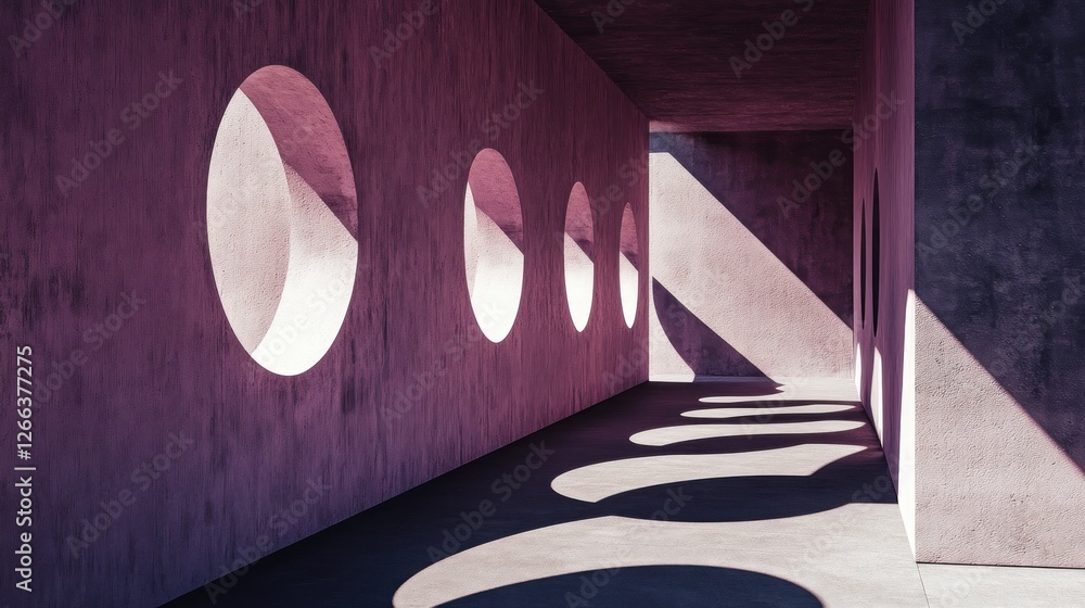 Poster sunlit minimalist concrete corridor with round windows casting shadows.