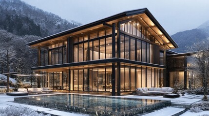 Obraz premium Modern mountain home winter poolside luxury