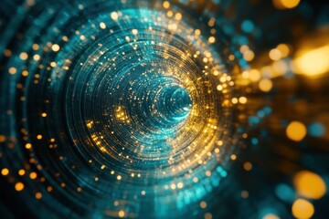 Obraz premium A mesmerizing abstract representation of a swirling tunnel of vibrant blue and golden lights, suggesting depth and motion in a digital landscape