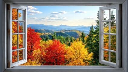 Autumnal mountain vista viewed from an open window.
