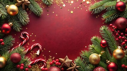 A Festive Holiday Frame Featuring Evergreen Branches, Sparkling Ornaments, and Candy Canes on a Rich Red Background
