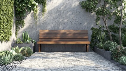 Wooden bench in a sun-drenched courtyard garden with succulents and various plants.