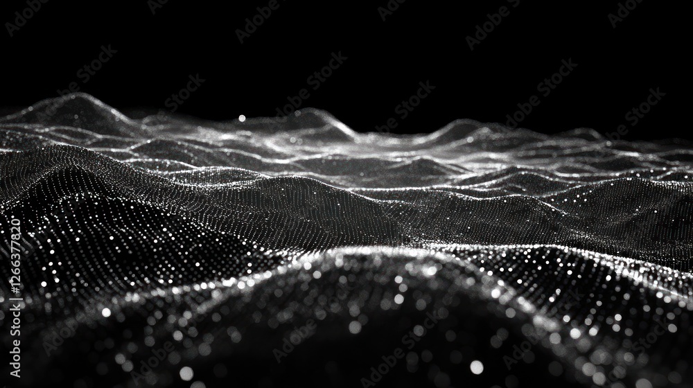 Poster abstract representation of flowing waves made of luminous particles against a black background, sugg