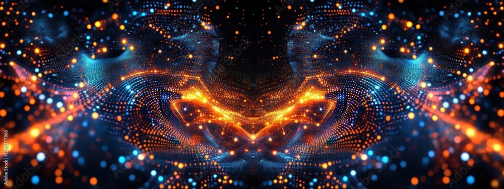 Poster abstract digital art with glowing particles and vibrant colors forming a symmetrical pattern.