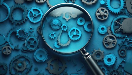 Magnifying glass on gears, analysis, blue background, technical concept