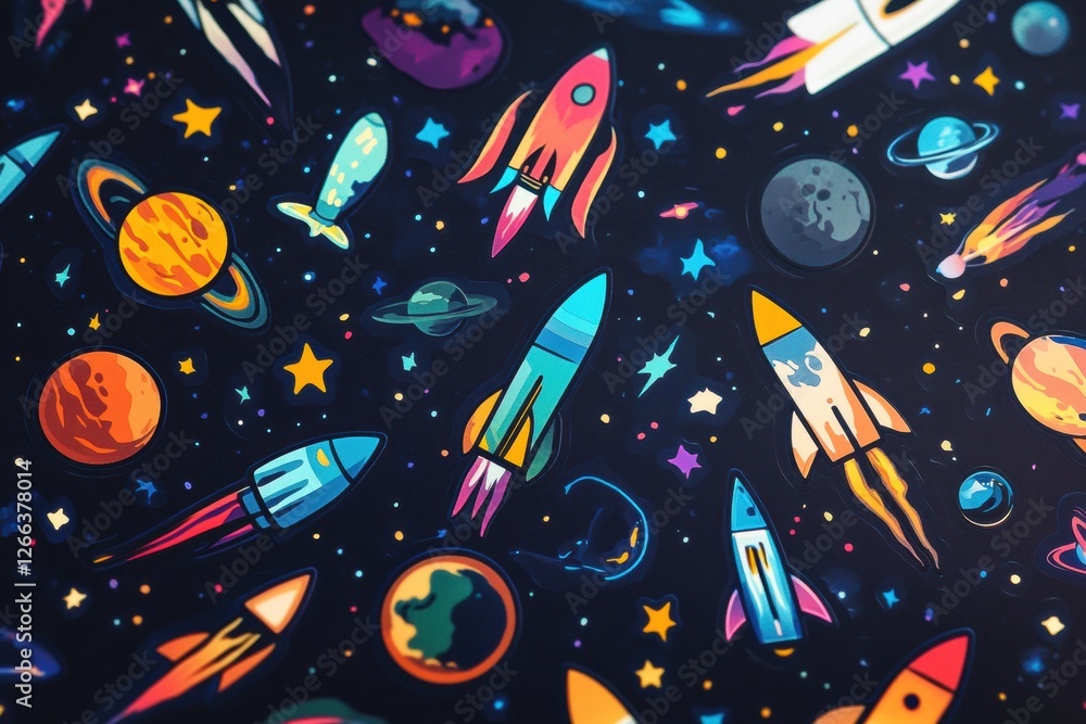 Poster Colorful rocket and planet stickers creating a vibrant space themed design for creative projects and decorations. Generative AI