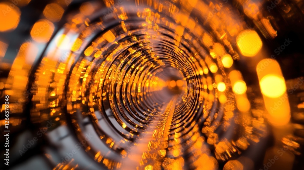 Poster abstract view of a spiraling tunnel illuminated with warm orange lights, creating a mesmerizing atmo