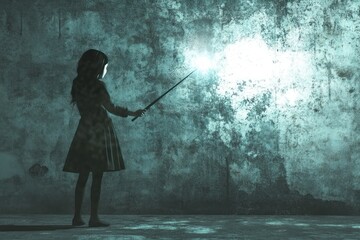 Girl in dress holding glowing wand against grunge wall.