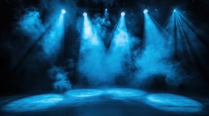 Blue stage lights illuminate smoky air. Perfect for concert, theatre, or music backgrounds.