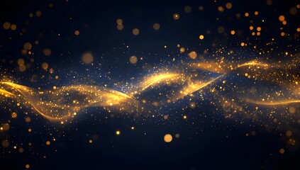 Naklejka premium Golden swirling particles on dark background; abstract design for luxury, awards, or celebrations