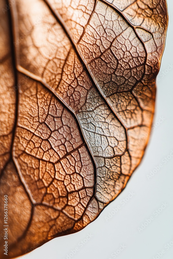 Poster close-up of a copper-colored leaf showcasing intricate vein patterns and textures.