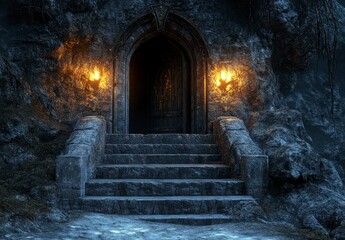 Mysterious Stone Doorway Surrounded by Dark Terrain and Flickering Lights