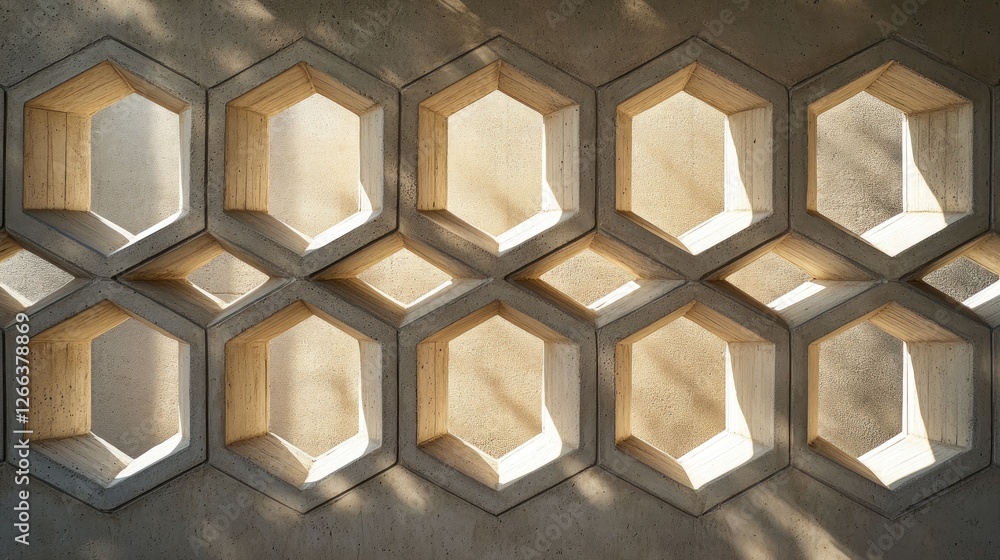 Poster geometric pattern of hexagonal cutouts in a concrete wall, illuminated by sunlight.