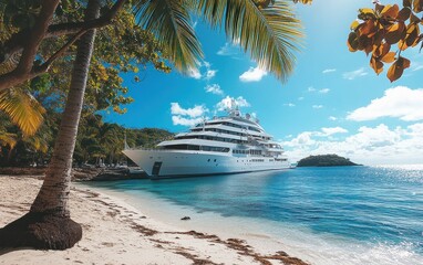 Obraz premium Luxurious yacht anchored near a pristine tropical beach with palm trees under a sunny sky.
