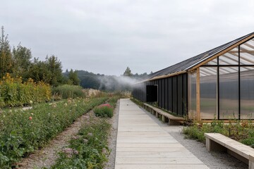 Fototapeta premium Serene Pathway Through Greenhouse with Misty Landscape in Background