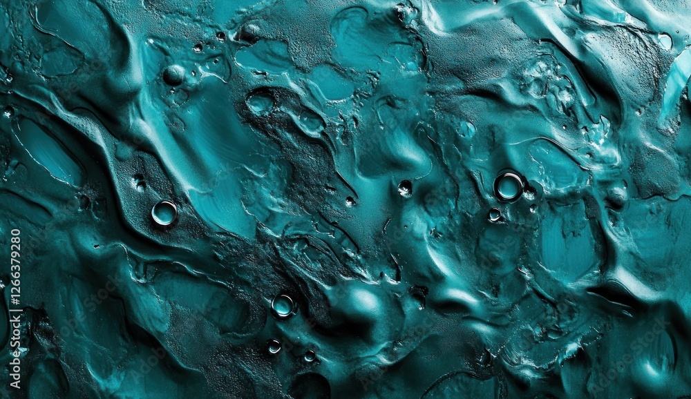 Poster abstract teal textured background with flowing liquid-like forms and air bubbles.