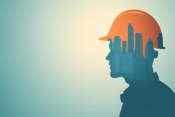 Construction Worker Silhouette with Cityscape Background Design
