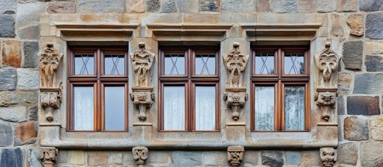 Three ornate windows in a stone wall, detailed carvings.