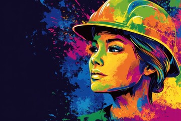 Naklejka premium Colorful Portrait of a Woman Wearing Construction Helmet and Uniform