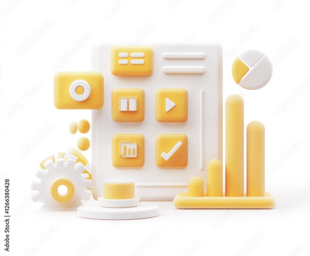 Aufkleber 3d render of yellow and white interface elements, charts, and gears, representing data analysis and 
