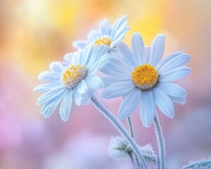 Naklejka premium Three frost-covered daisies in soft, pastel light.