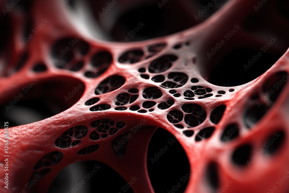 Poster close-up view of intricate red and black organic structures resembling cellular formations, showcasi