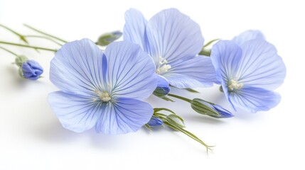Fototapeta premium Close-up of delicate light blue flax flowers and buds on white background.