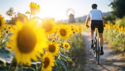 Fototapeta premium Cyclist rides past sunflowers towards a windmill at sunset.