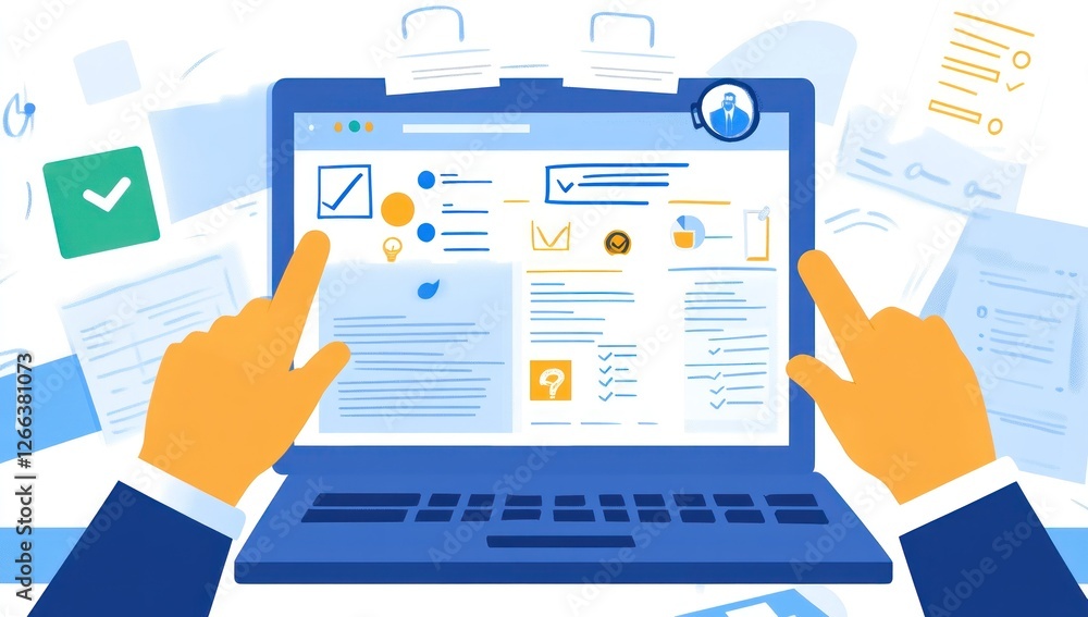 Aufkleber hands interact with laptop displaying project management dashboard, charts, and checklists.