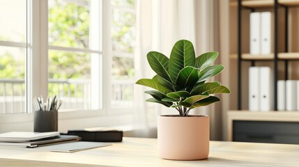 Fototapeta premium Cozy home office desk with plant, sunlight, and bookshelves