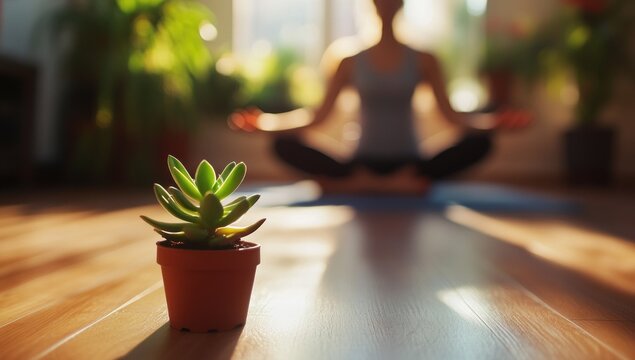 Small succulent in terracotta pot in foreground, woman meditating in lotus position in background, sunlight.