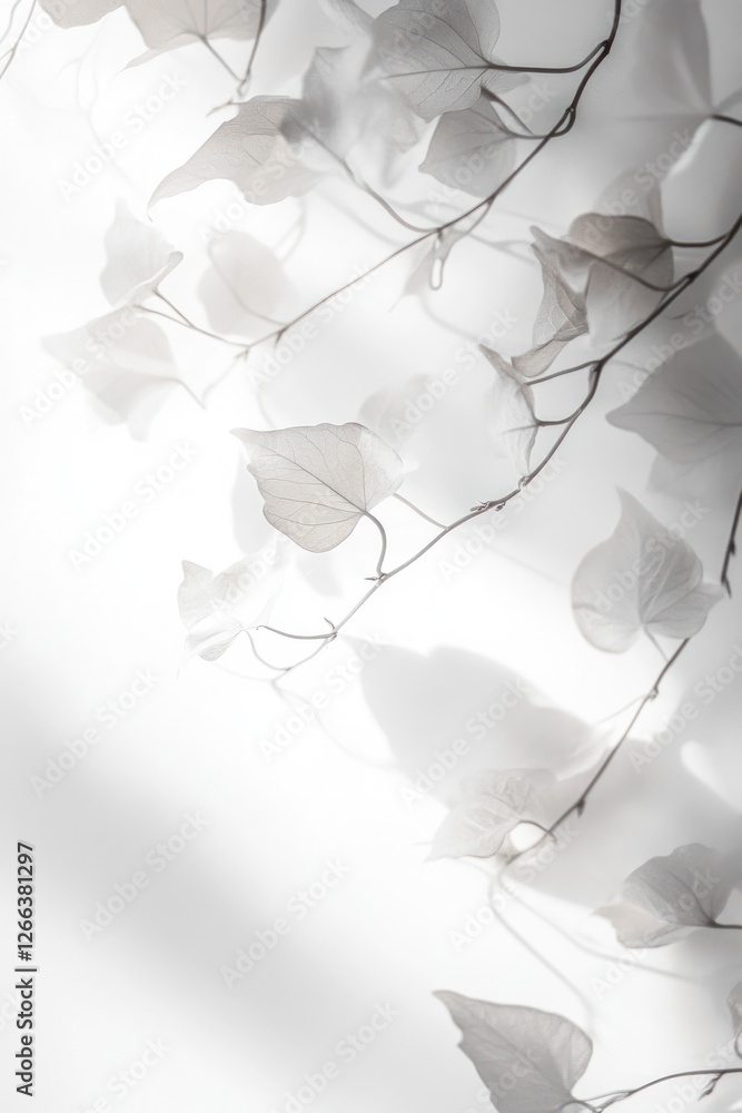 Poster backlit delicate leaves and branches create a soft, ethereal pattern against a bright background.