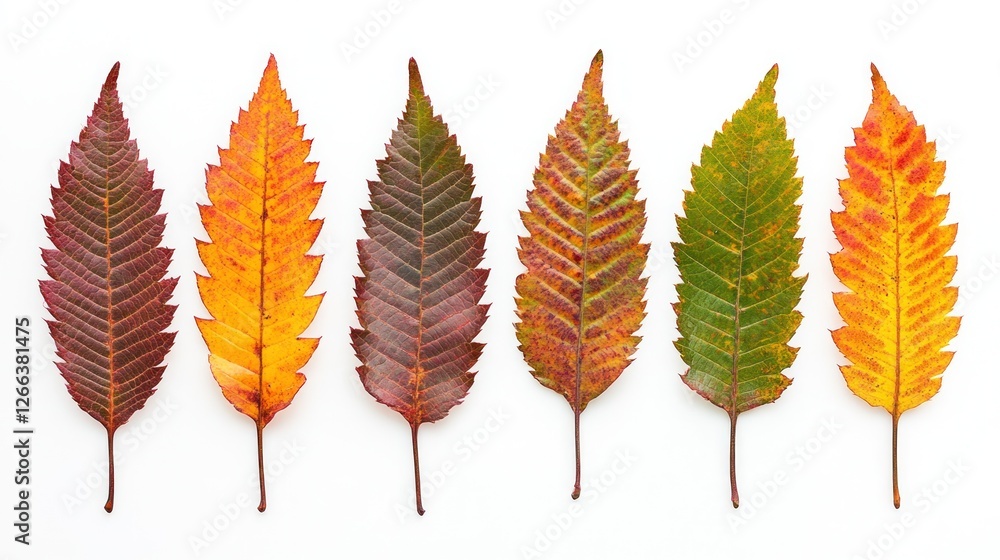 Poster a vibrant display of autumn leaves showcasing various colors and textures arranged in a line against