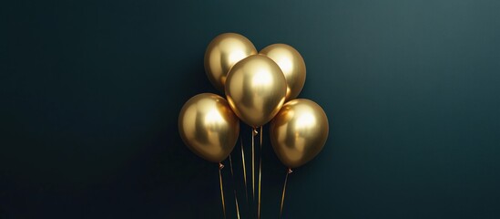 Five gold balloons against a dark background.