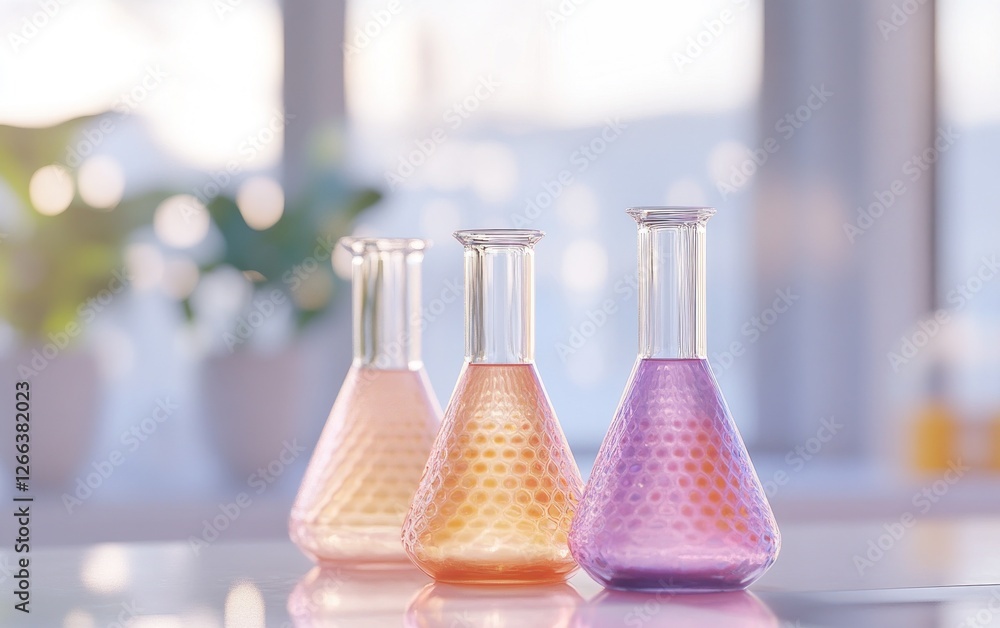Poster three erlenmeyer flasks with colorful liquids on a table, near a window.