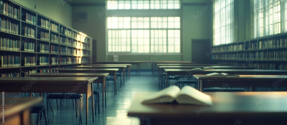 Aufkleber open book on a desk in a quiet library with rows of bookshelves and large windows.