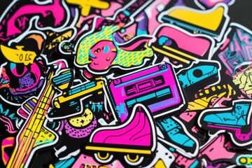 Retro sticker designs featuring roller skates, cassette tapes, electric guitars, and bold graffiti typography in vibrant colors. Generative AI